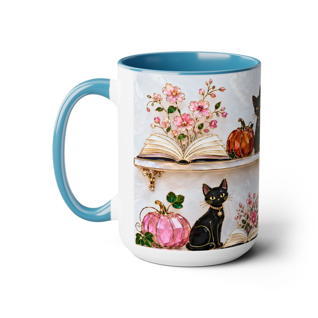 Halloween Ghost Bookshelf Mug, Black Cat Coffee Mug, Witchy Ghost Mug, Book Lover Gift, Spooky Library Mug, Pink Floral Bookshelf Mug 15oz