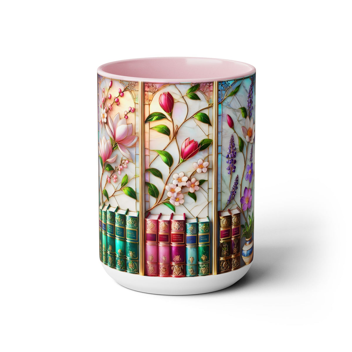 Floral Bookshelf Coffee Mug, Bookish Faux Stained-Glass Mug, Book Lover Gift, Reading Mug for Women, Library Floral Cup 15oz