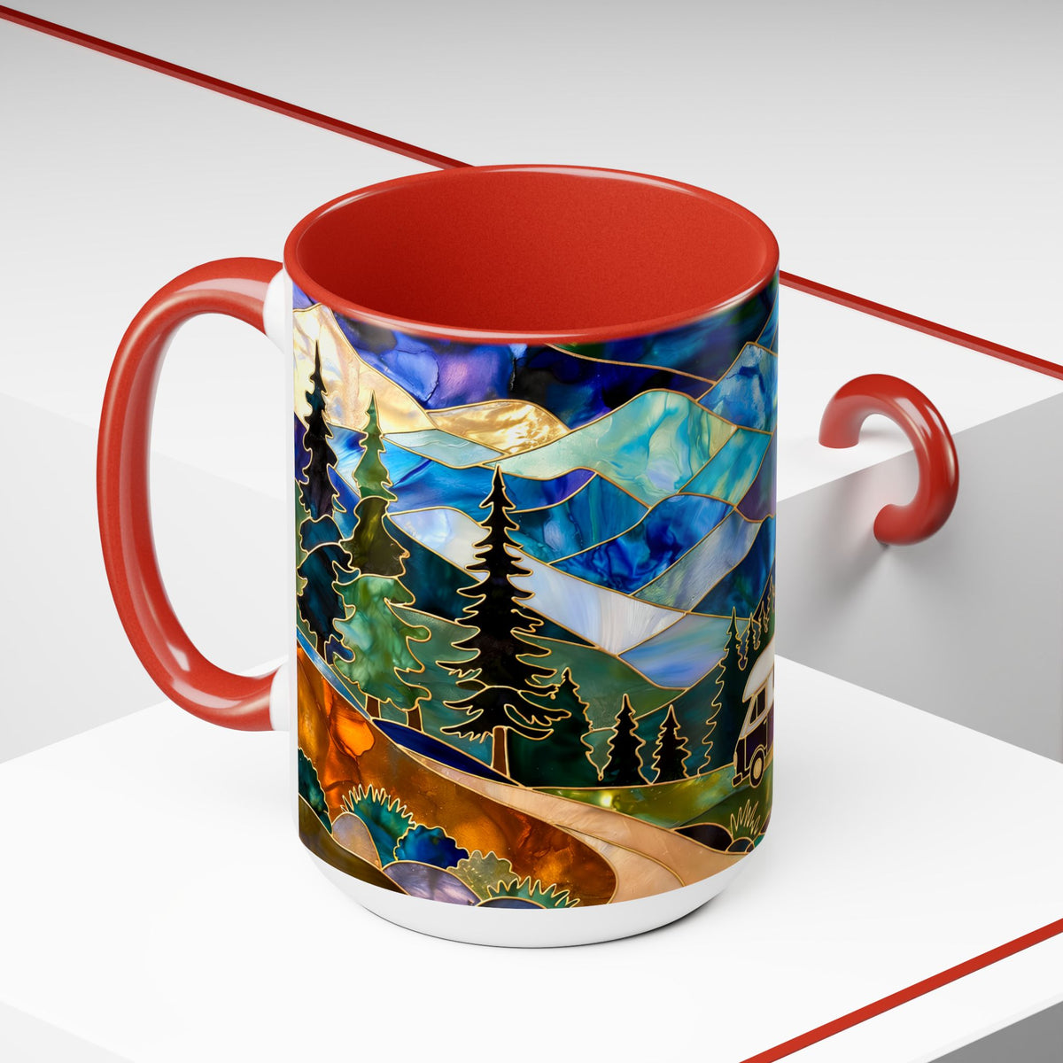 Stained Glass Style Mountain Camper Mug, Camping Coffee Cup, Outdoor Adventure Mug, Nature Lover Gift, Fathers Day Mug, Forest Landscape Cup