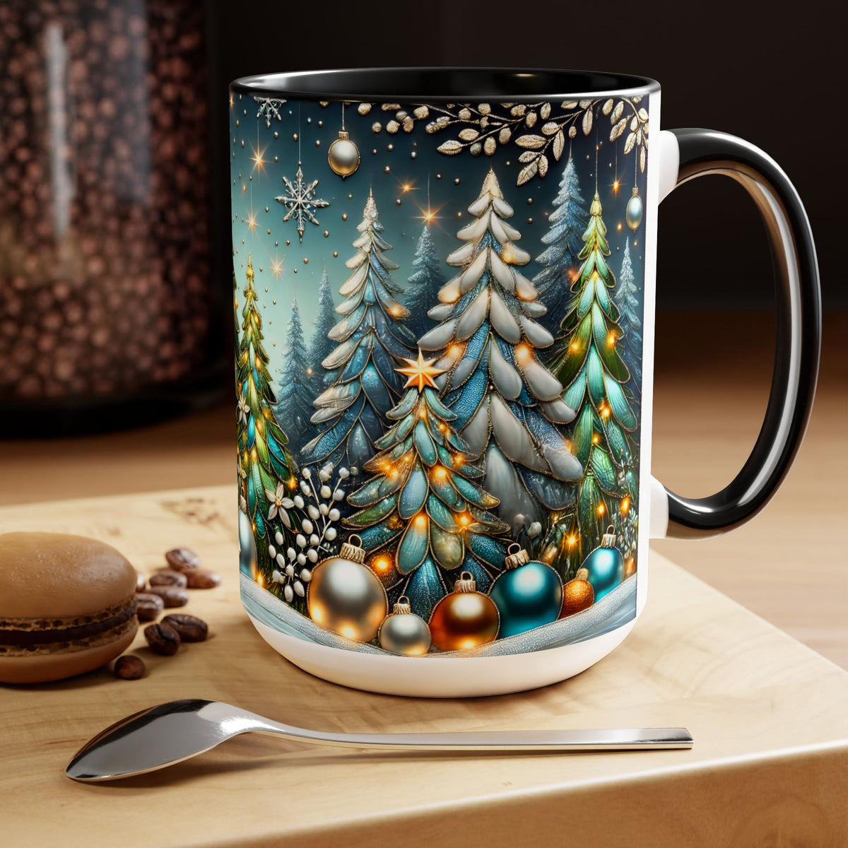 Christmas Mug, Pine Forest Mug, Stained Glass Style Coffee Cup, Winter Evergreen Tree Mug, Nature Lover Christmas Gift 15oz