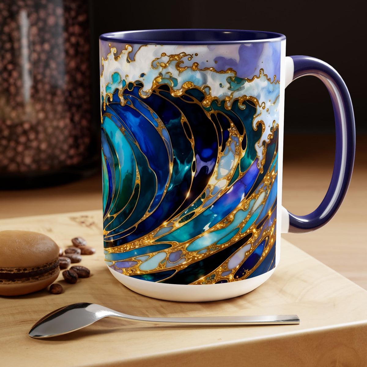Ocean Waves Stained Glass Style Coffee Mug, Coastal Beach Decor Cup, Nautical Sea Wave Art Mug 15oz