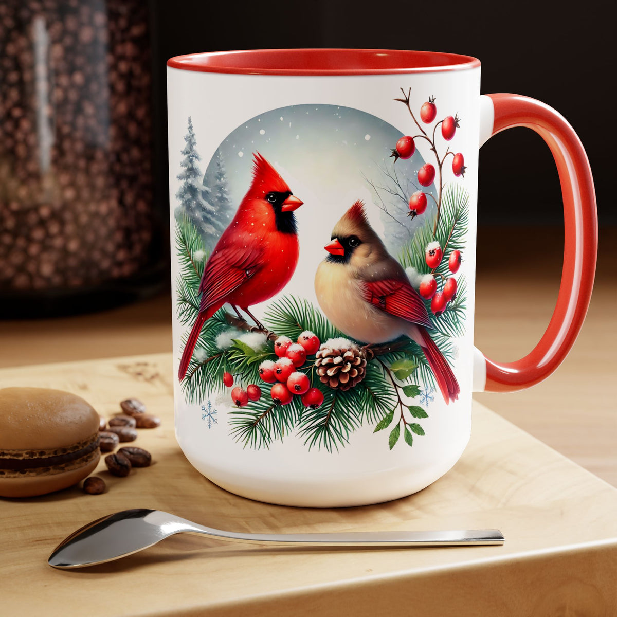 Cardinal Christmas Mug, Bird on Snowy Branch Mug, Bird Retro Christmas Mug, Cottagecore Mug, Christmas Cardinal Pair Mug, Christmas Mug 15oz