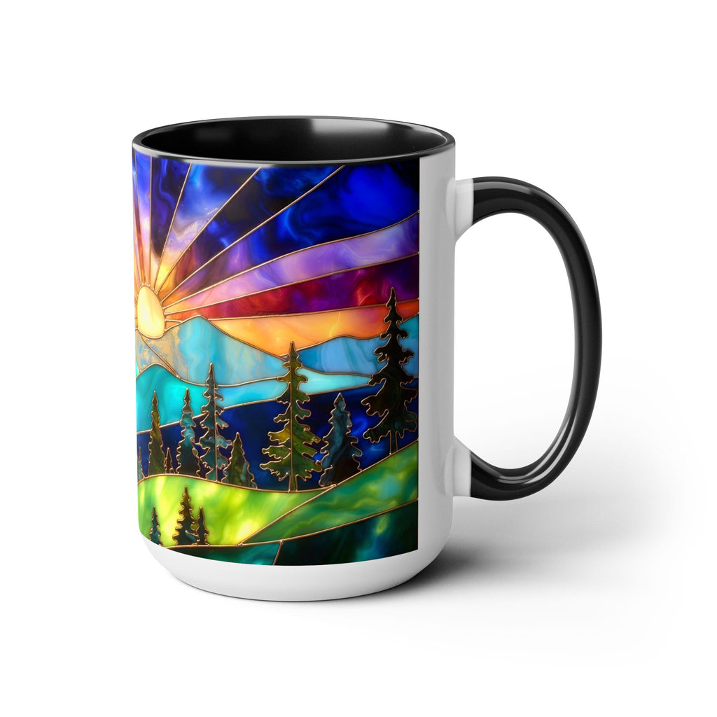 Stained Glass Style Sunset Mountains Coffee Mug, Pine Forest Cup Gift 15oz