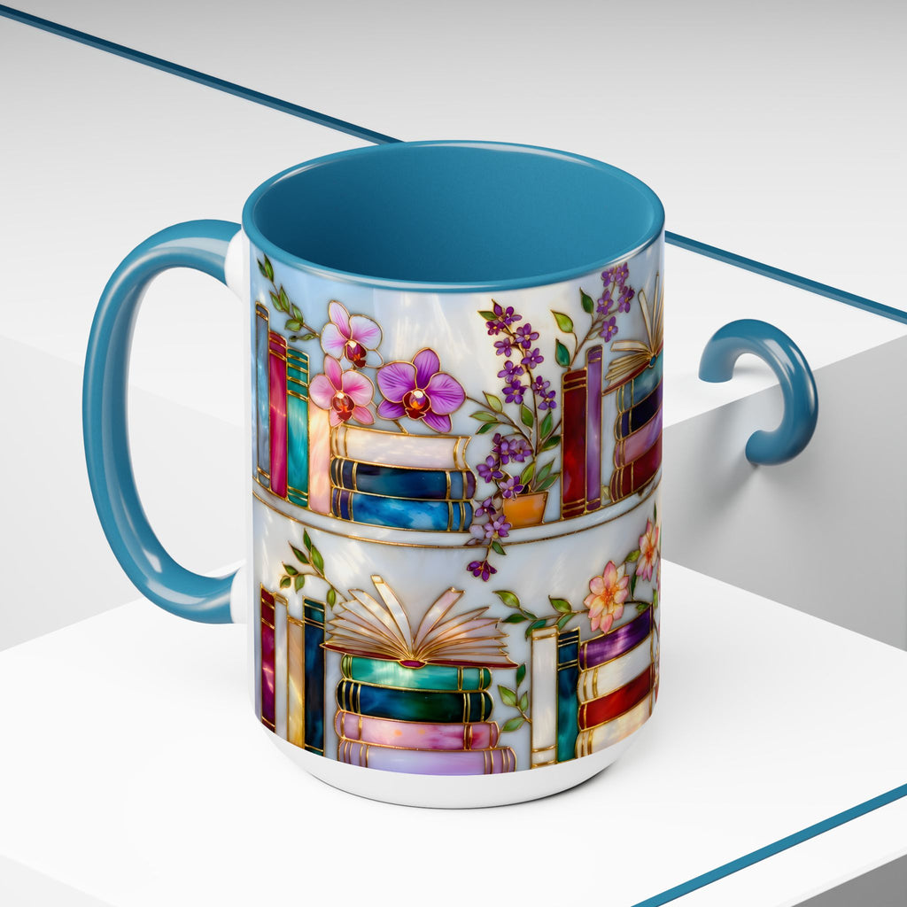 Floral Bookshelf Mug for Book Lovers, Bookish Library Coffee Cup, Black Ceramic 15oz, Stained Glass Style Design