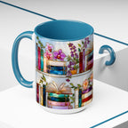 Floral Bookshelf Mug for Book Lovers, Bookish Library Coffee Cup, Black Ceramic 15oz, Stained Glass Style Design