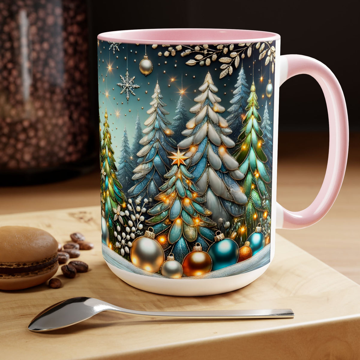 Christmas Mug, Pine Forest Mug, Stained Glass Style Coffee Cup, Winter Evergreen Tree Mug, Nature Lover Christmas Gift 15oz