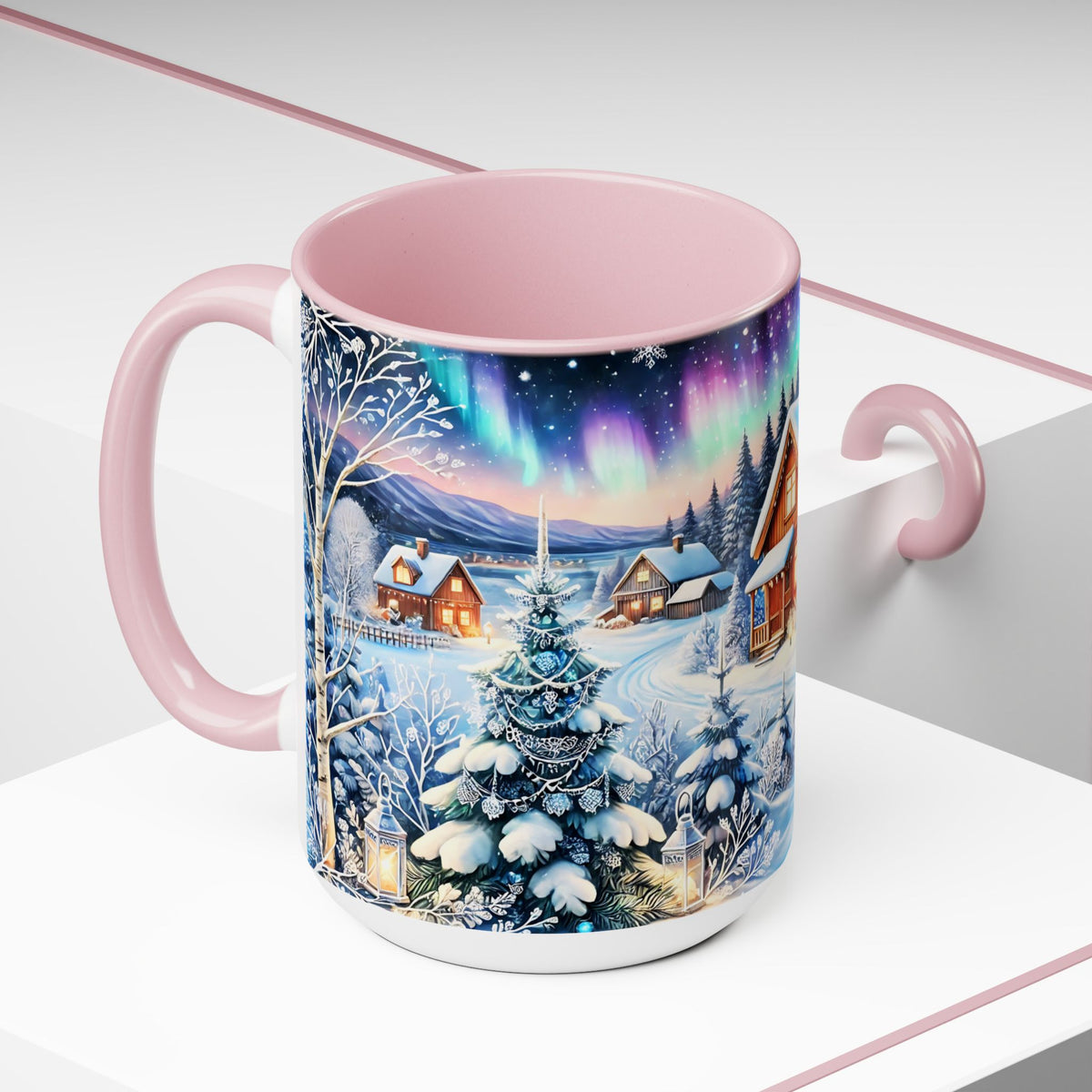 Christmas Mug, Christmas Nordic Village Mug, Christmas Cabin Mug, Aurora Winter Mug, Unique Christmas Gift, Big Mug, Vintage Style Mug 15oz