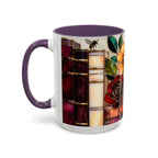 Floral Bookshelf Mug, Stained Glass Style Flowers & Bees Mug 15oz, Garden Book Lover Gift