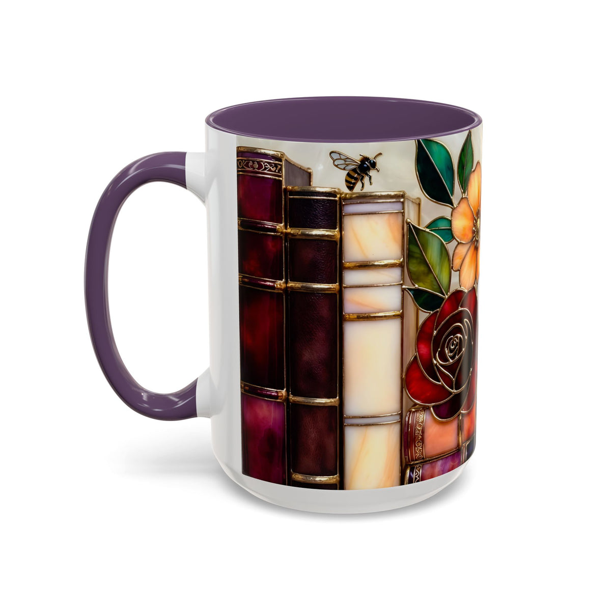 Floral Bookshelf Mug, Stained Glass Style Flowers & Bees Mug 15oz, Garden Book Lover Gift