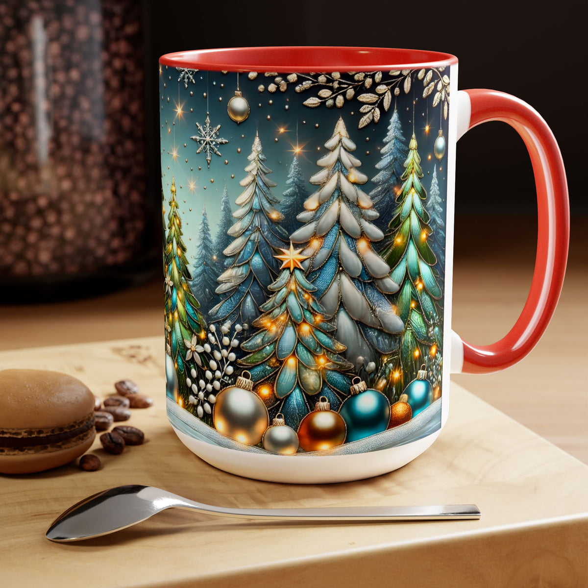 Christmas Mug, Pine Forest Mug, Stained Glass Style Coffee Cup, Winter Evergreen Tree Mug, Nature Lover Christmas Gift 15oz