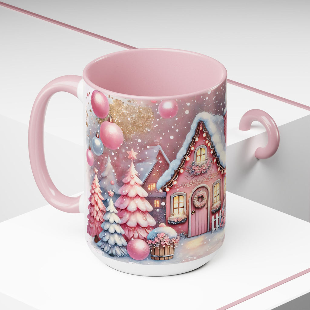 Pink Christmas Village Mug, Christmas Coffee Mug Gift, Merry Christmas Mug, Pink Winter Mug, Holiday Kitchen Decor, Elegant Coffee Mug 15oz