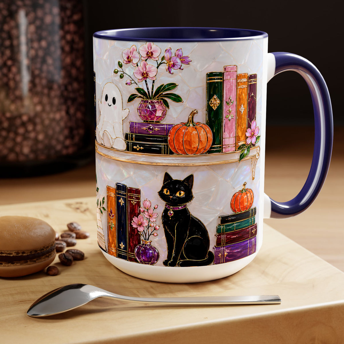 Halloween Ghost Bookshelf Mug, Cute Ghost Coffee Mug, Book Lover Gift, Pink Halloween Mug, Witchy Books Mug, Black Cat Mug, Fall Coffee Cup