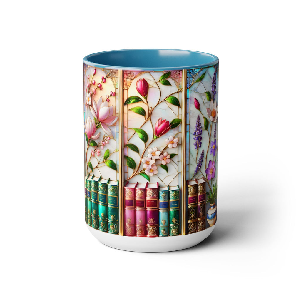 Floral Bookshelf Coffee Mug, Bookish Faux Stained-Glass Mug, Book Lover Gift, Reading Mug for Women, Library Floral Cup 15oz
