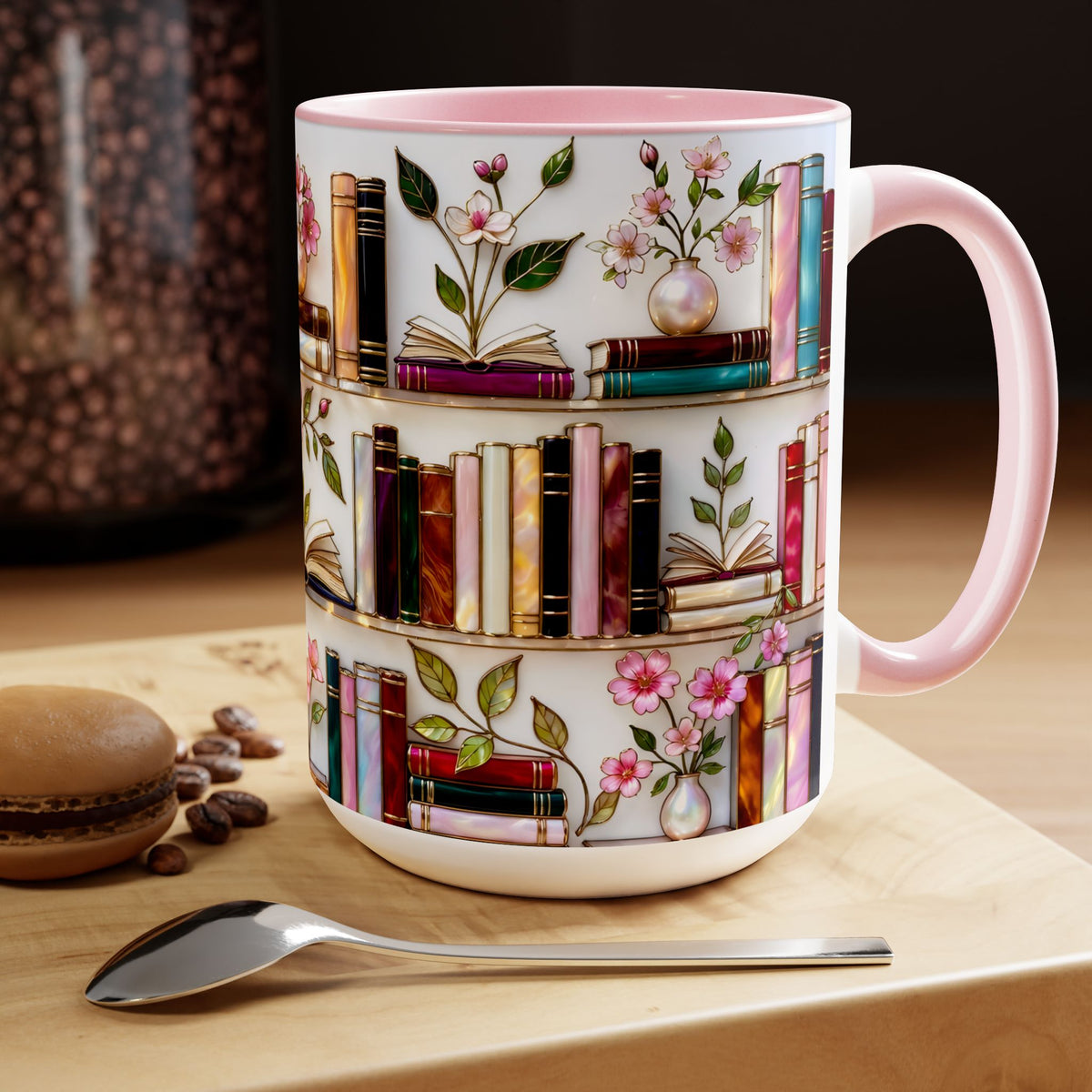 Stained Glass Bookshelf Mug, Book Lover Gift, Floral Bookish Cup, Library Aesthetic Mug, Ceramic Accent Mug, Reader Gift, Cozy Book Mug