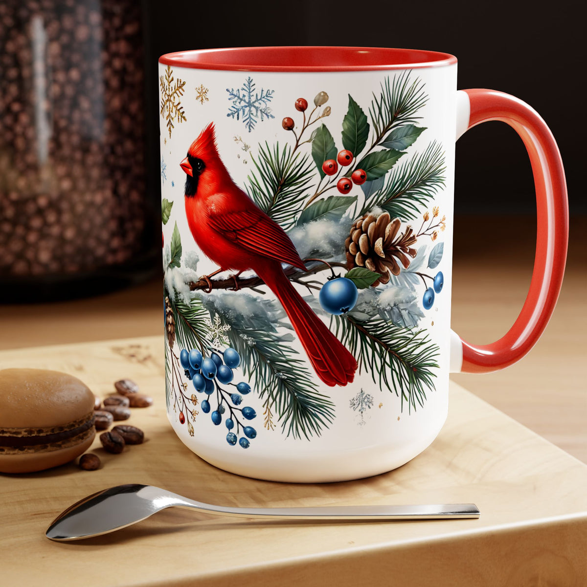 Cardinal Blue Jay Mug, Bird on Snowy Branch Mug, Bird Retro Christmas Mug, Cottagecore Mug, Christmas Kitchen Decor Mug, Winter Mug 15oz