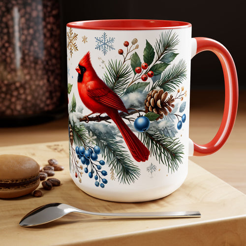 Cardinal Blue Jay Mug, Bird on Snowy Branch Mug, Bird Retro Christmas Mug, Cottagecore Mug, Christmas Kitchen Decor Mug, Winter Mug 15oz