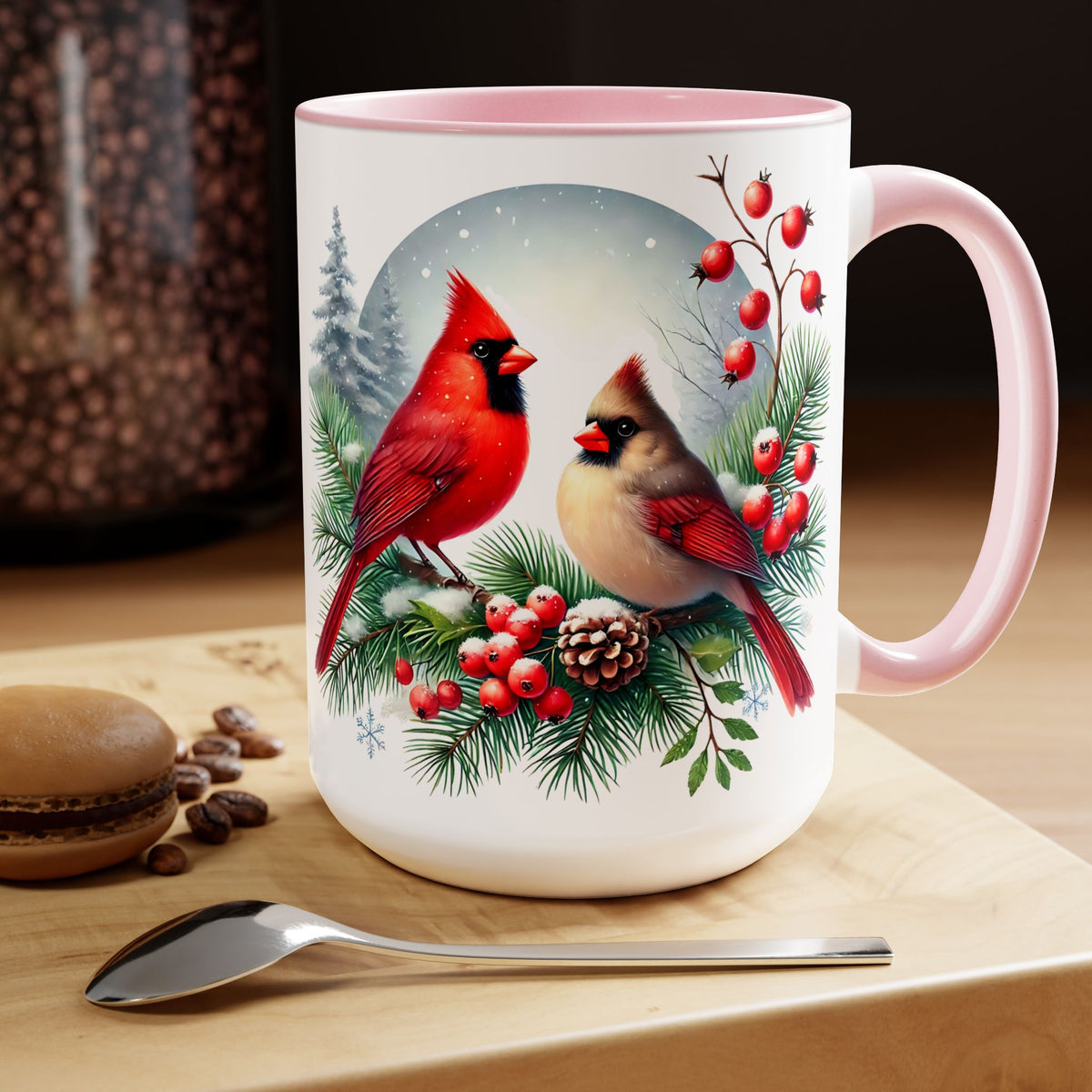 Cardinal Christmas Mug, Bird on Snowy Branch Mug, Bird Retro Christmas Mug, Cottagecore Mug, Christmas Cardinal Pair Mug, Christmas Mug 15oz