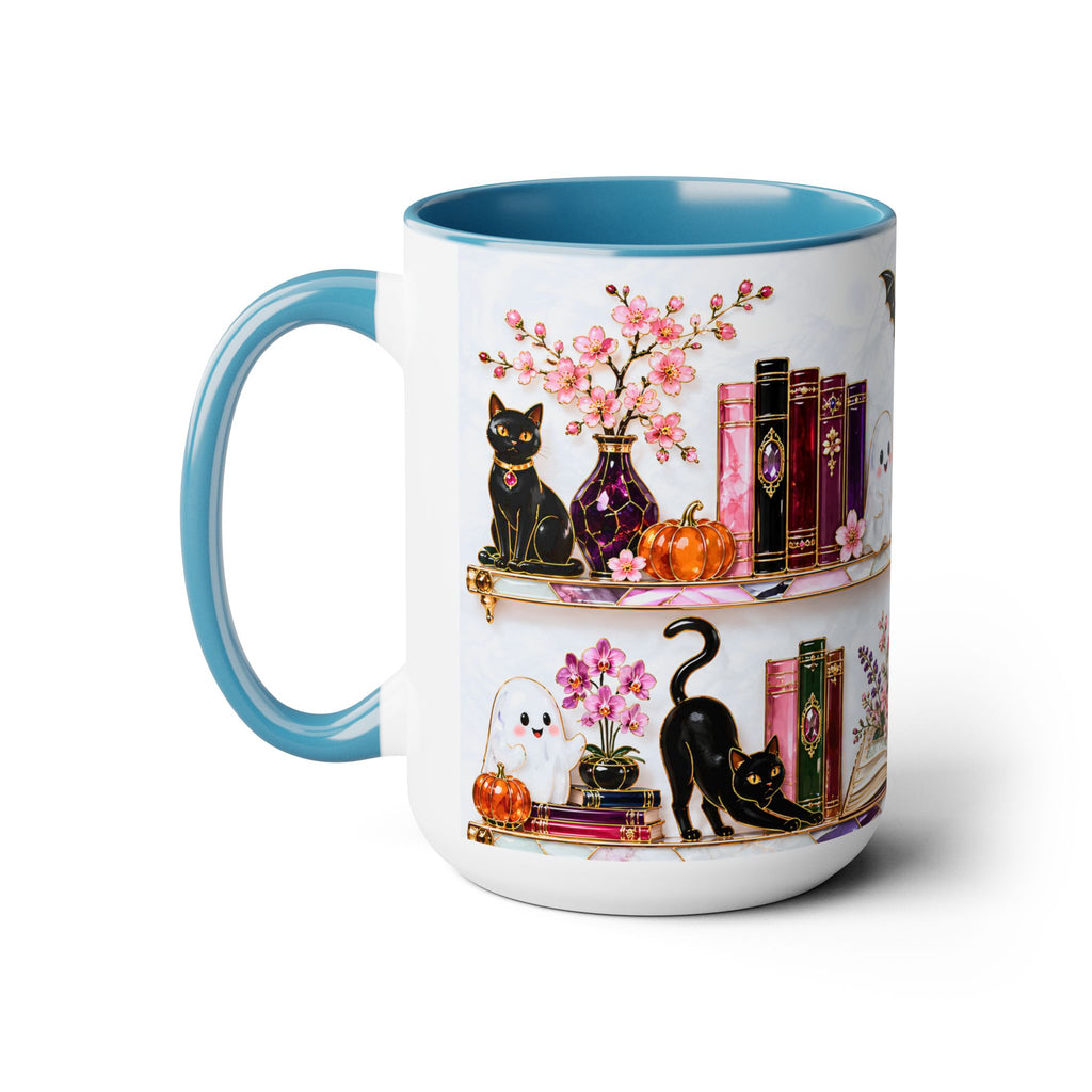 Halloween Ghost Bookshelf Mug, Black Cat Coffee Mug, Book Lover Gift, Witchy Ghost Mug, Spooky Library Cup, Fall Mug, Dark Academia Mug