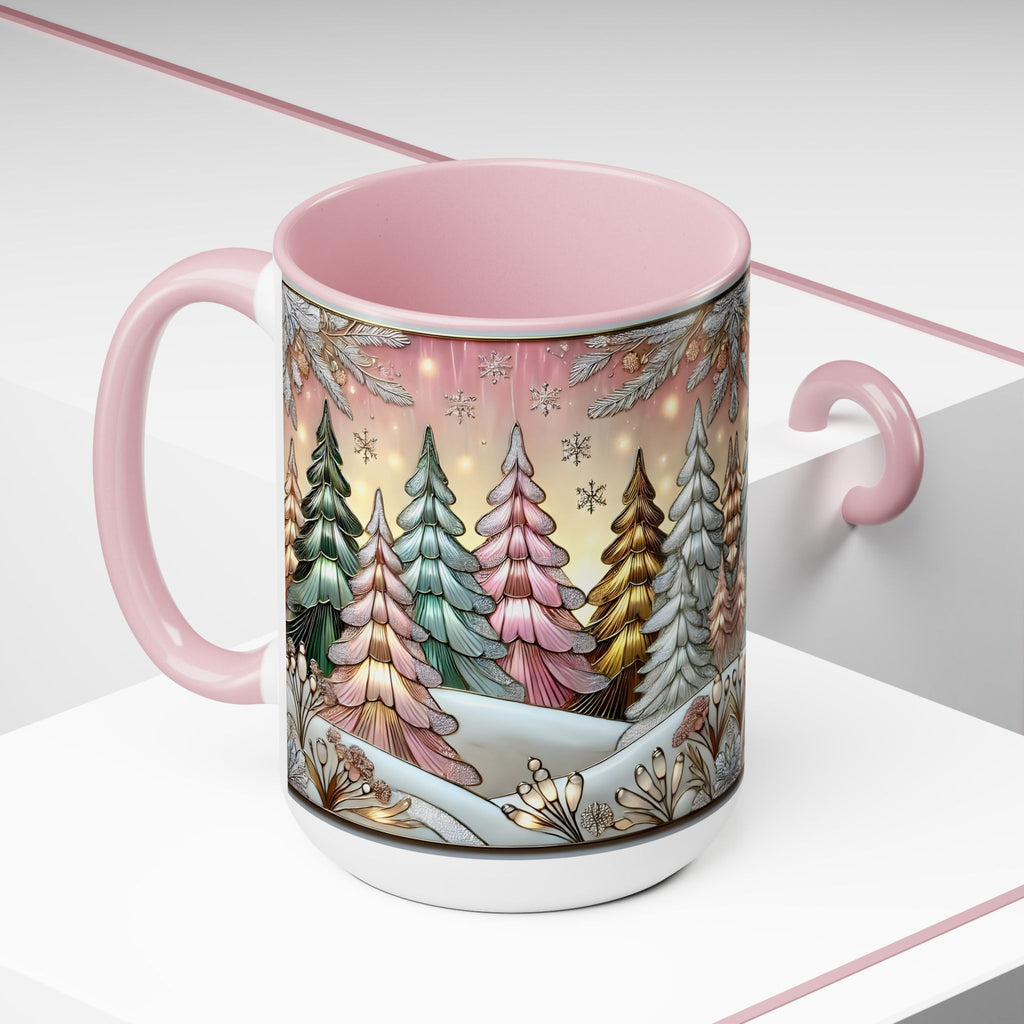 Pink Christmas Tree Mug, Stained Glass Style Forest Coffee Cup, Nature Lover Gift, Holiday Mug for Women, Winter Gift Idea