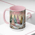 Pink Christmas Tree Mug, Stained Glass Style Forest Coffee Cup, Nature Lover Gift, Holiday Mug for Women, Winter Gift Idea