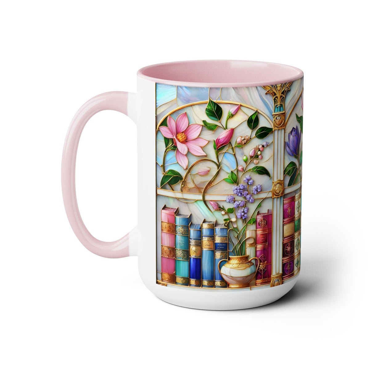 Floral Bookshelf Coffee Mug, Bookish Stained-Glass Style Mug, Book Lover Gift, Reading Mug for Women, Library Aesthetic Cup 15oz