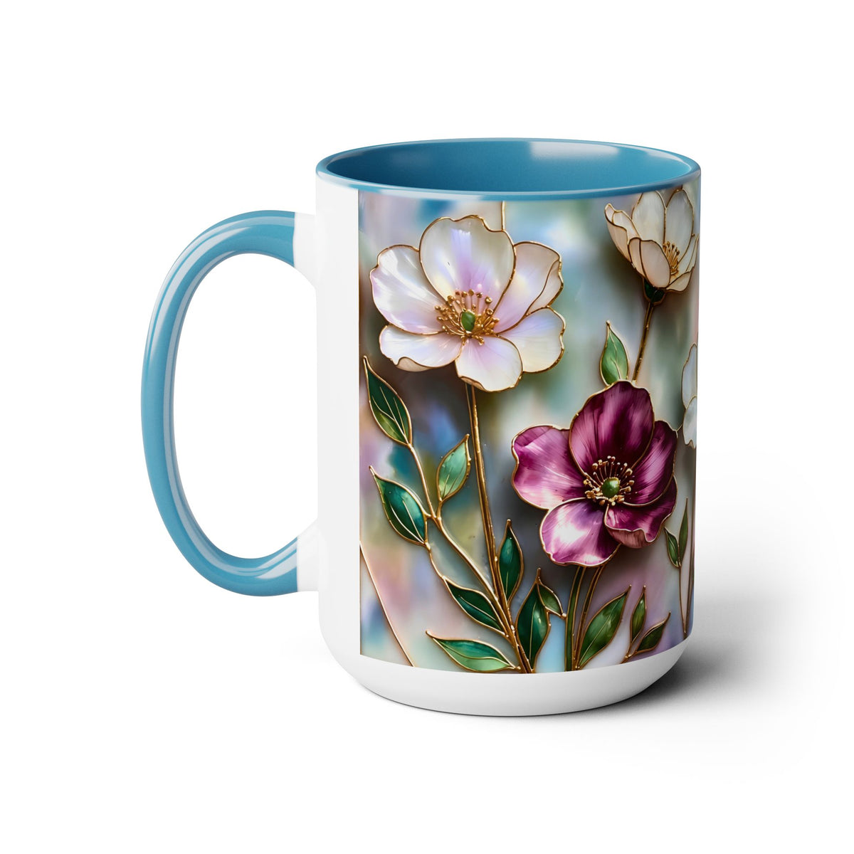Stained Glass Style Floral Mug, 15 oz, Pink, Purple & Peach Wildflowers Cup