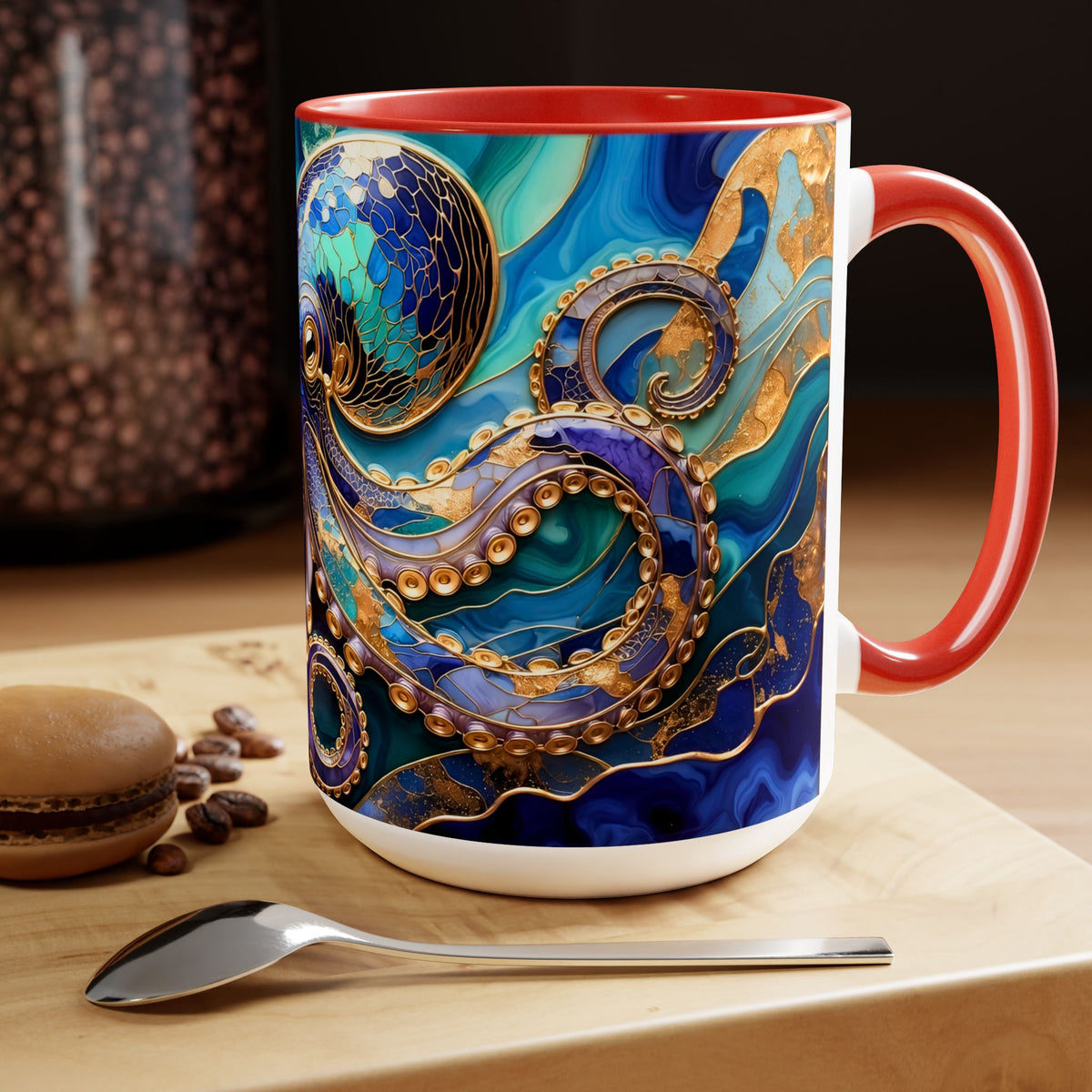 Blue Octopus Mug, Stained Glass Style | Ocean Art Coffee Cup, Beach Lover Cup 15oz