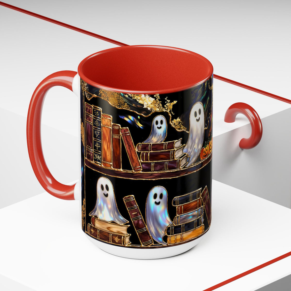 Halloween Ghost Bookshelf Mug, Cute Ghost Coffee Mug, Book Lover Gift, Spooky Books Mug, Fall Mug, Gothic Library Cup, Dark Academia Mug