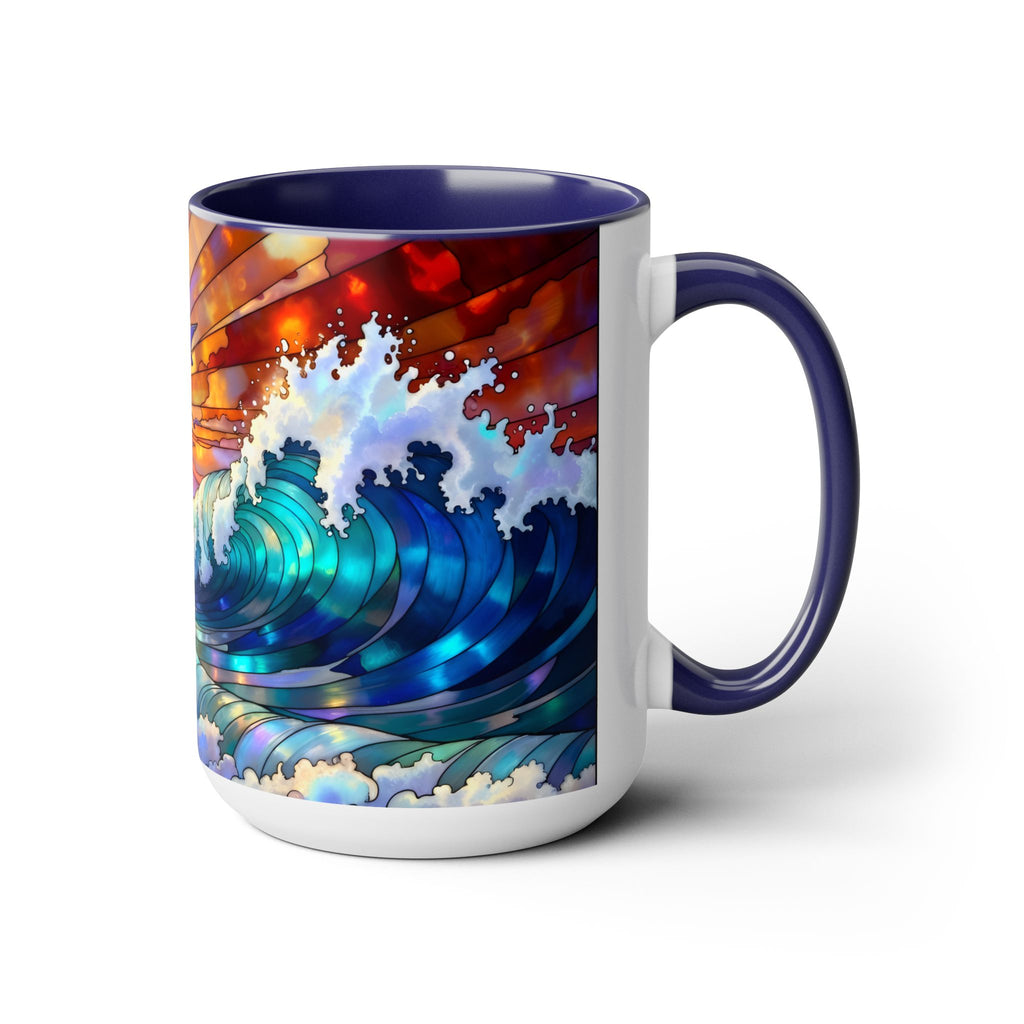 Stained Glass Style Ocean Beach Mug 15oz, Sunrise High Waves Coffee Cup, Palm Tree Coastal Art Cup, Tropical Beach Gift