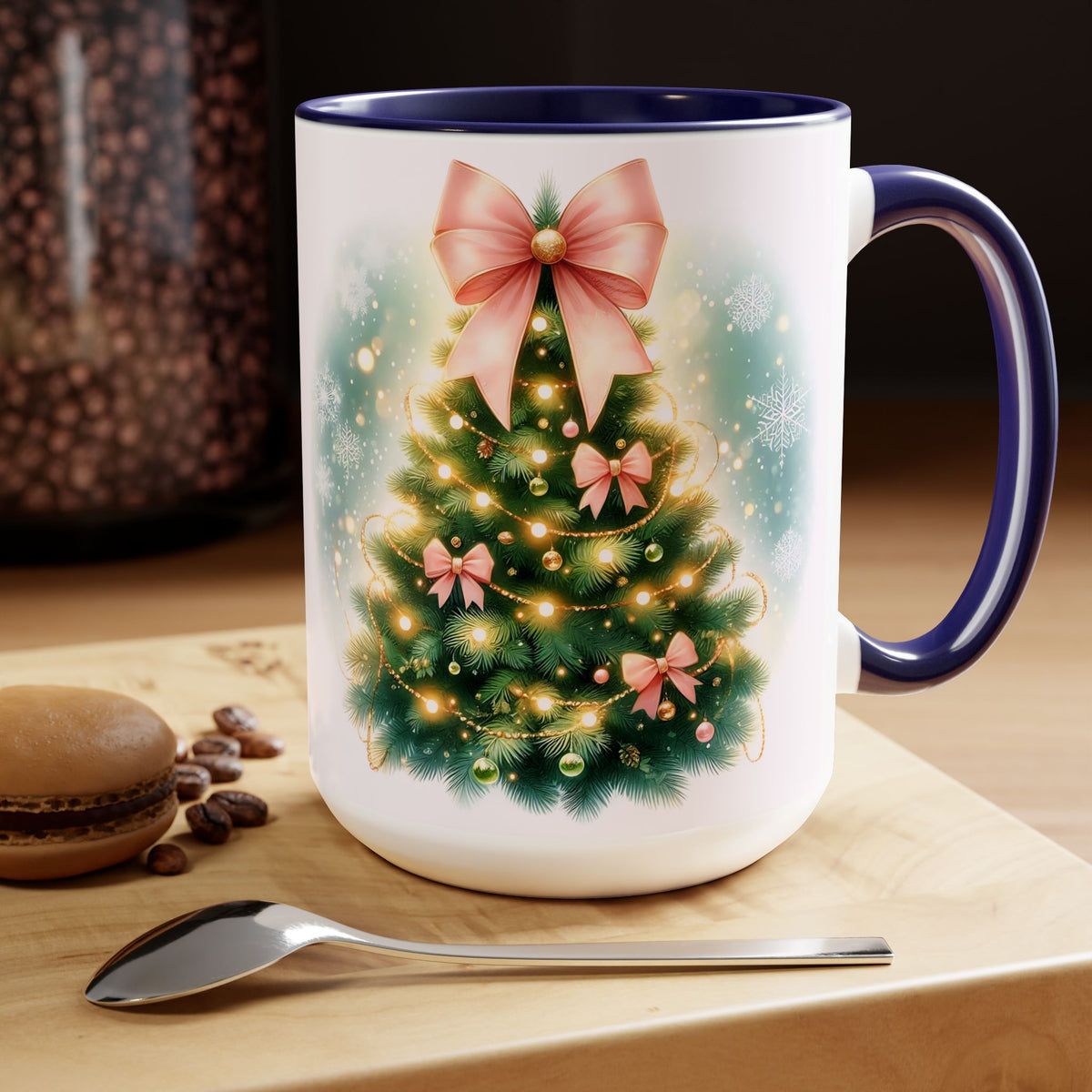 Christmas Tree Mug, Winter Tree Bow Mug, Holiday Mug, Aesthetic Pink Tree Mug, Christmas Coquette Mug, Holiday Mug, Pink Winter Mug 15oz