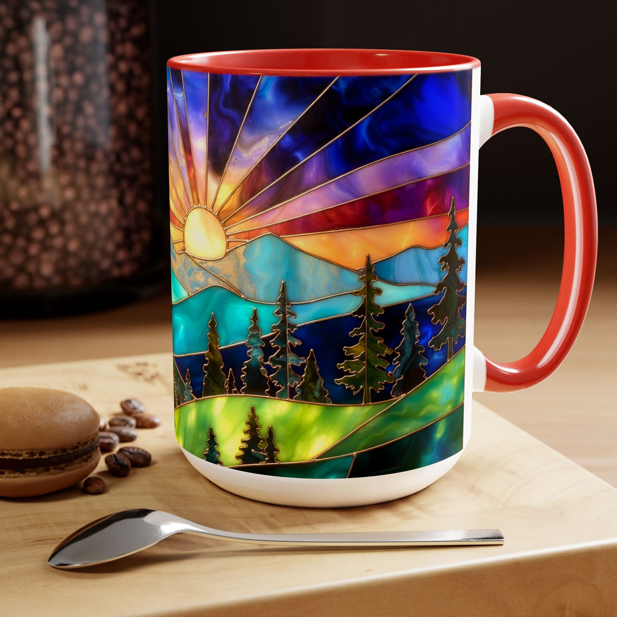 Stained Glass Style Sunset Mountains Coffee Mug, Pine Forest Cup Gift 15oz