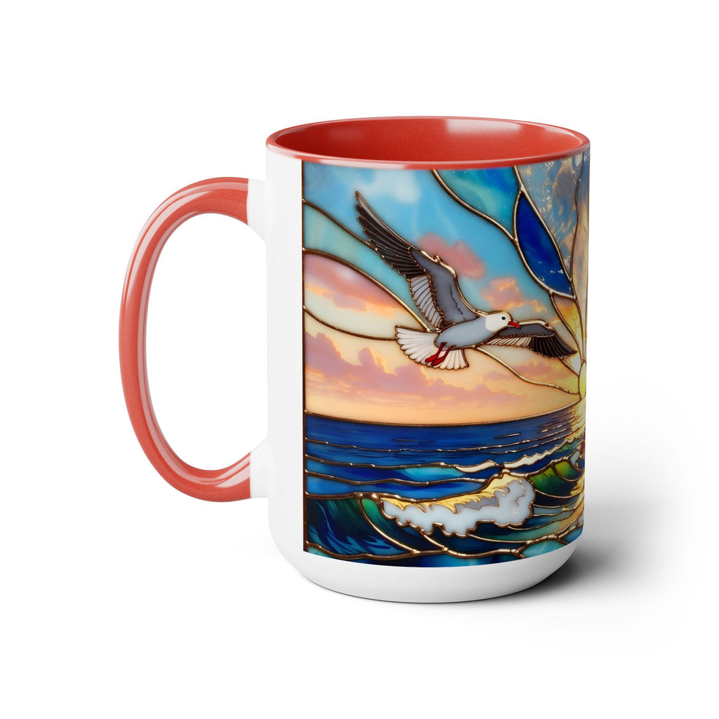 Lighthouse Sunset Mug, Coastal Stained Glass Style Coffee Cup, Nautical Coffee Mug 15oz