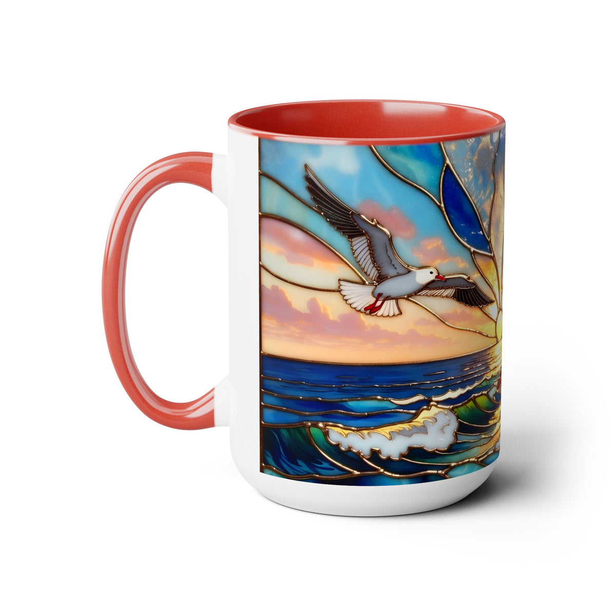 Lighthouse Sunset Mug, Coastal Stained Glass Style Coffee Cup, Nautical Coffee Mug 15oz
