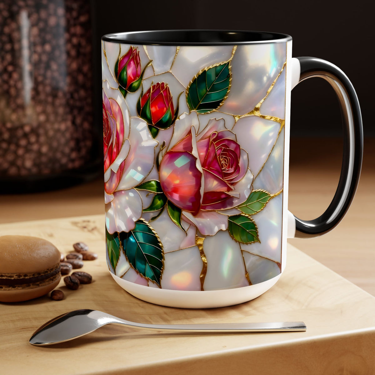 Stained Glass Style Rose Mug, Cottagecore Floral Ceramic Coffee Cup, Vintage Style Ceramic Drinkware, Boho Mug