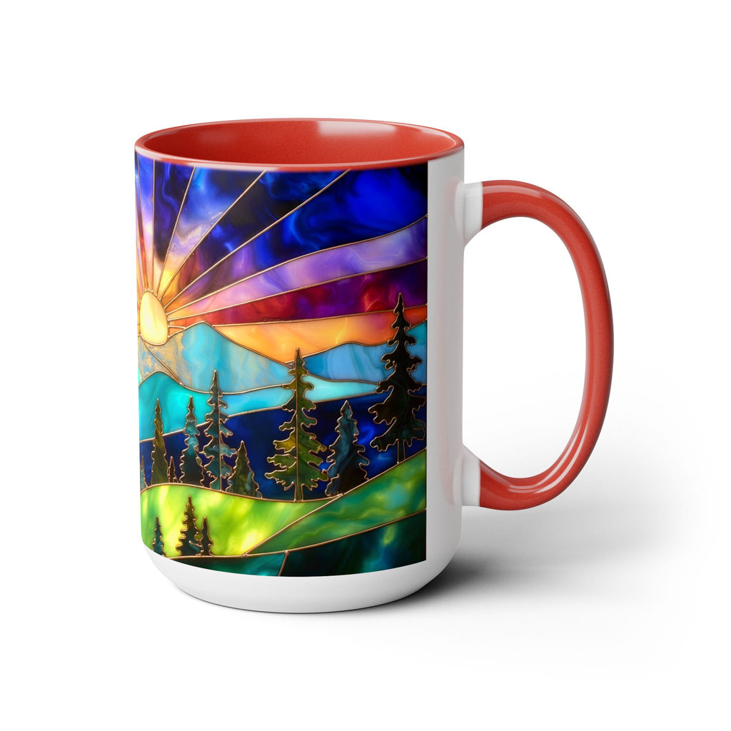 Stained Glass Style Sunset Mountains Coffee Mug, Pine Forest Cup Gift 15oz