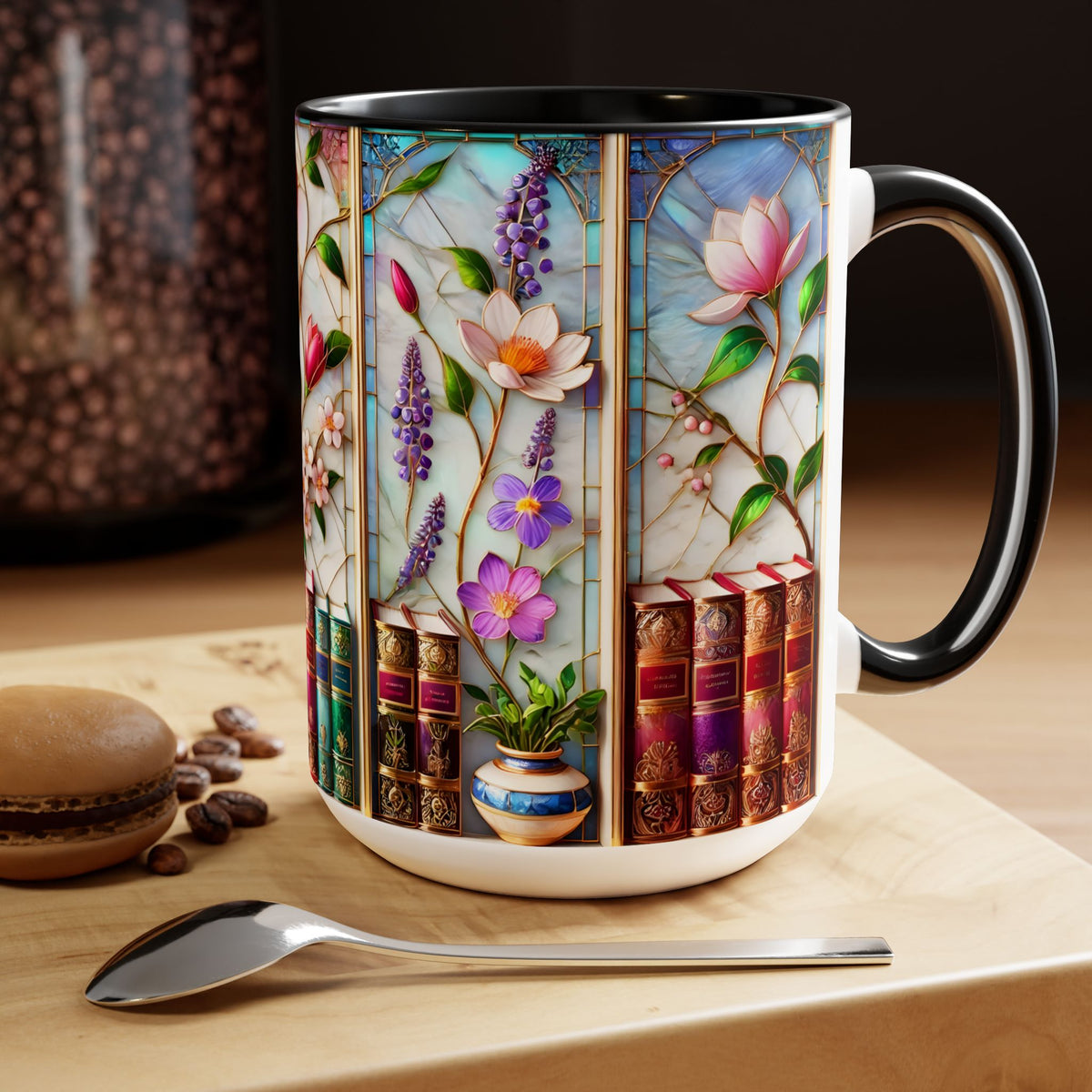 Floral Bookshelf Coffee Mug, Bookish Faux Stained-Glass Mug, Book Lover Gift, Reading Mug for Women, Library Floral Cup 15oz