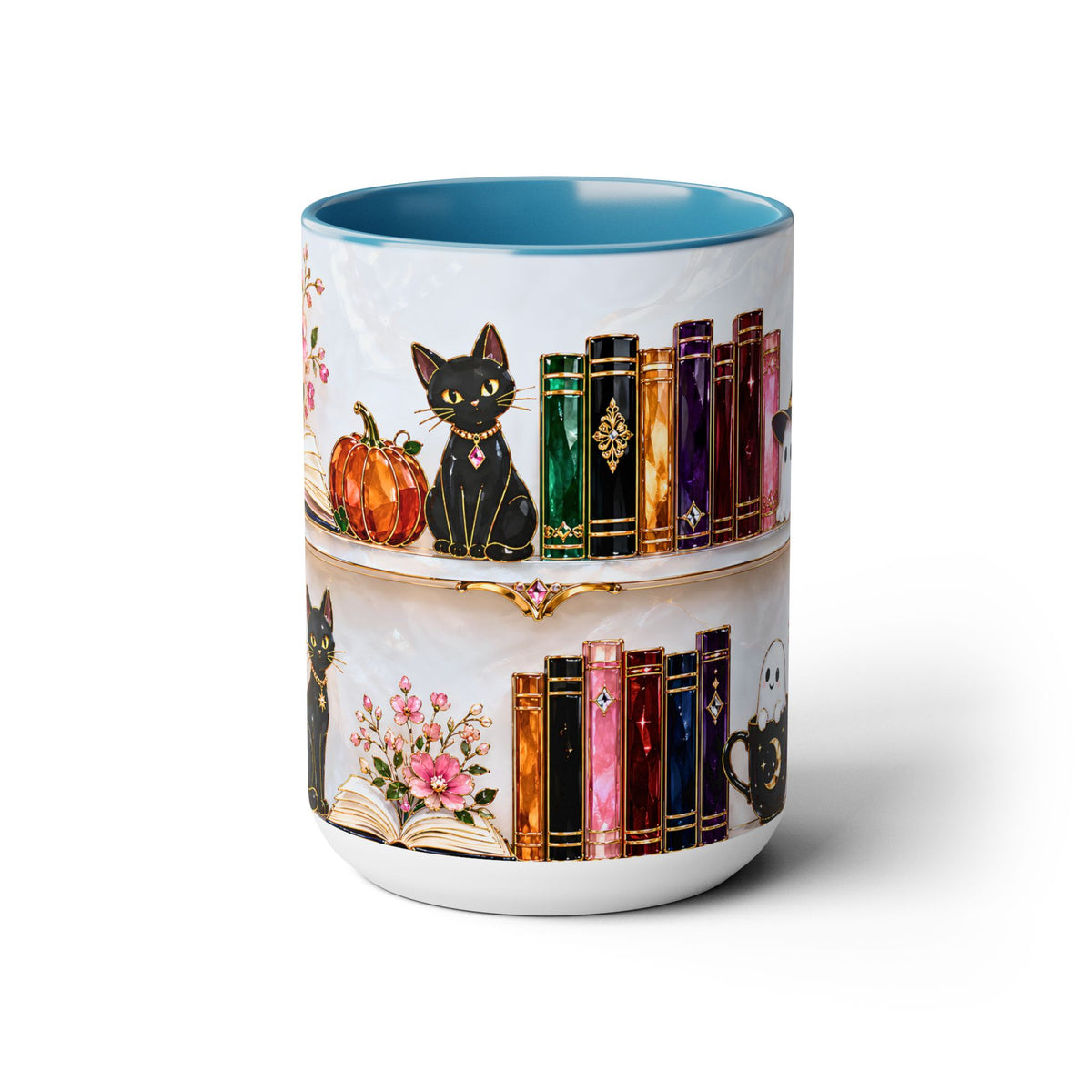 Halloween Ghost Bookshelf Mug, Black Cat Coffee Mug, Witchy Ghost Mug, Book Lover Gift, Spooky Library Mug, Pink Floral Bookshelf Mug 15oz