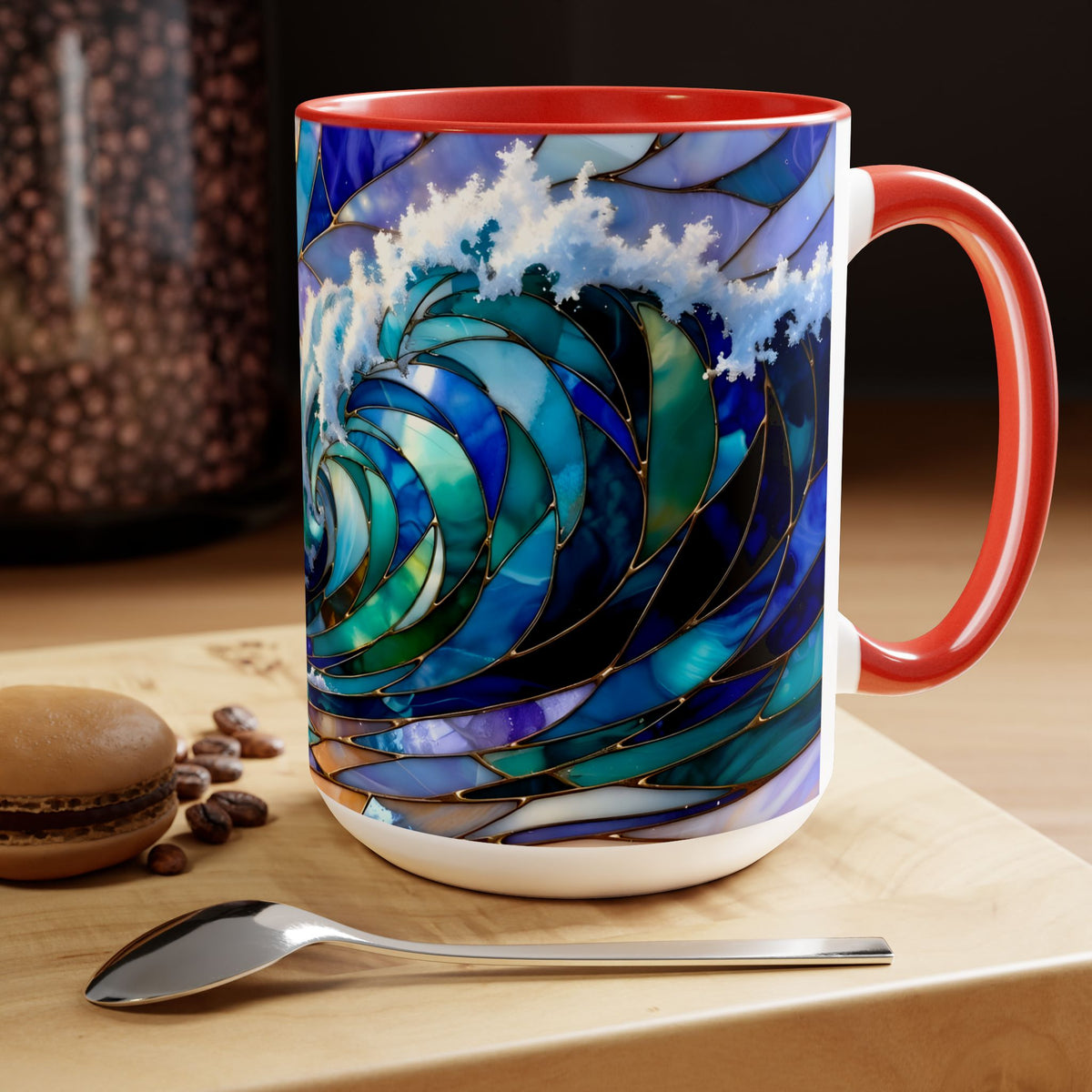 Stained Glass Style Ocean Wave Mug, Colorful Coastal Coffee Cup, Beach Sunrise Ceramic, Ocean Lover Gift Cup 15oz