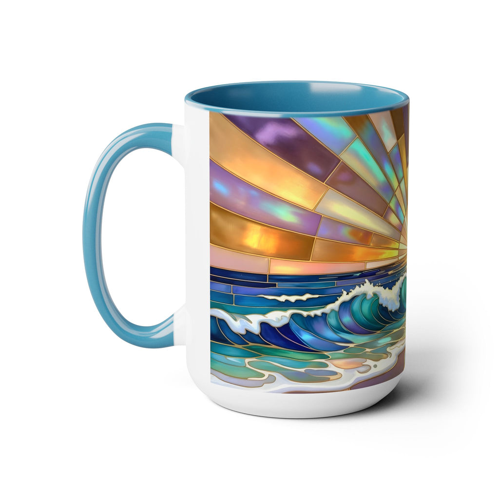 Beach Sunrise Stained Glass Style Mug, Coastal Ocean Coffee Cup, Sunrise Sea Mug, Beach Lover Cup 15oz