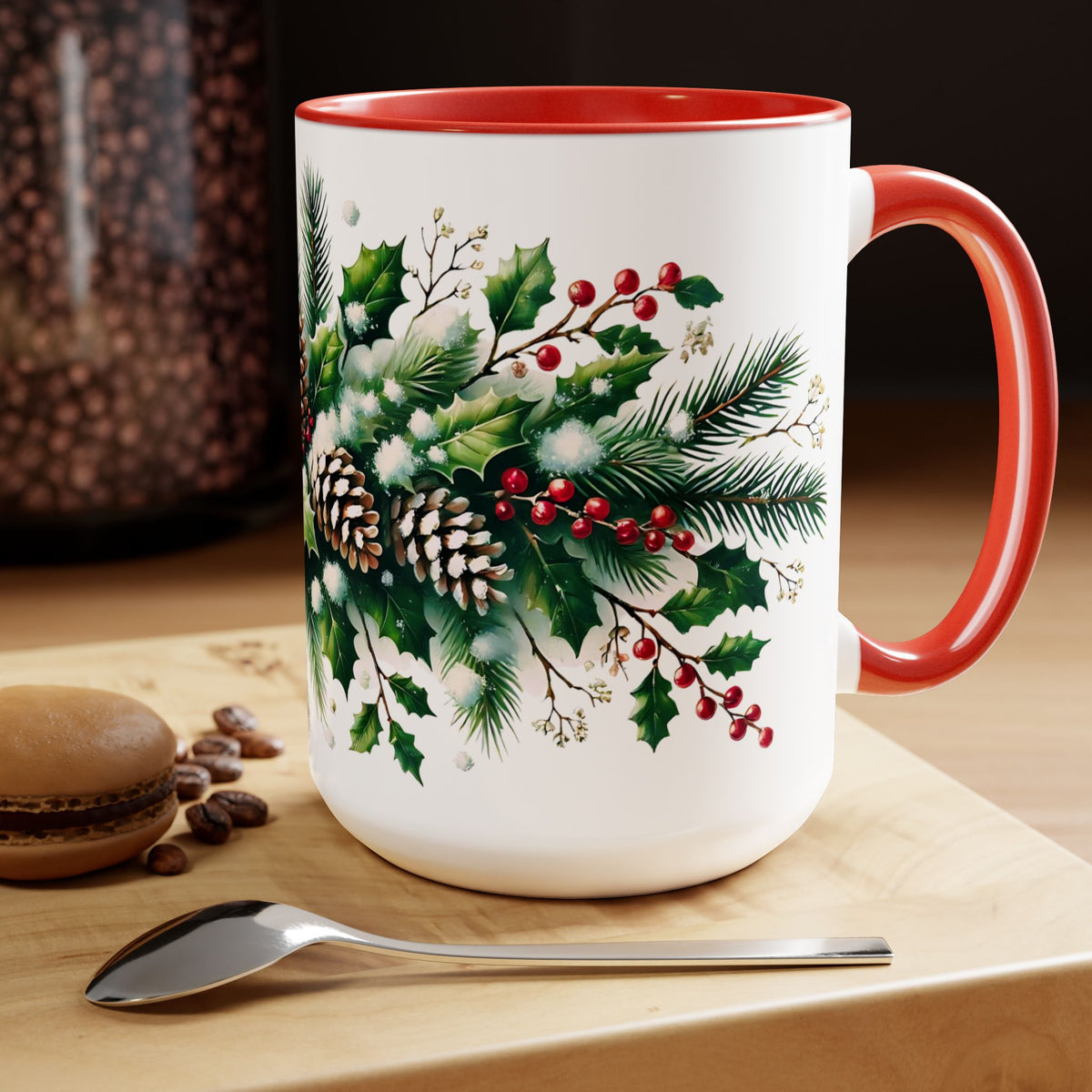 Snowy Garland Coffee Mug, Christmas Wreath Mug, Winter Holiday Ceramic Mug, Festive Garland Drinkware, Holiday Season Classy Mug Gift 15oz