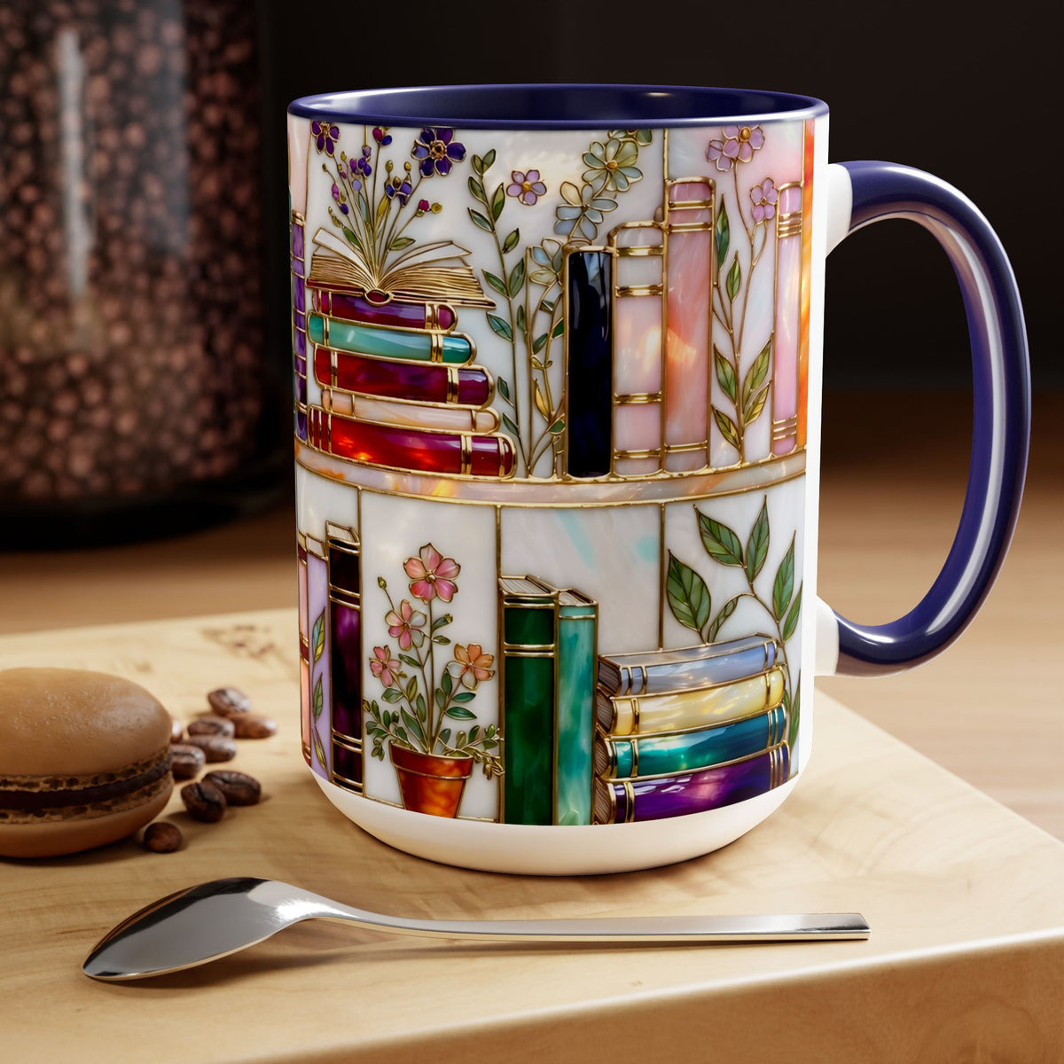 Floral Book Mug, Bookish Stained-Glass Style Mug, Book Lover Gift, Library Aesthetic Cup, Teacher Gift, Reading Mug 15oz