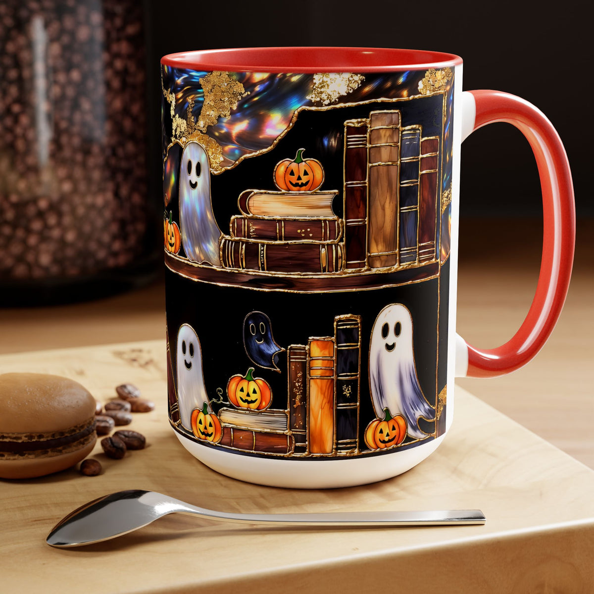 Halloween Ghost Bookshelf Mug, Cute Ghost Coffee Mug, Book Lover Gift, Spooky Books Mug, Fall Mug, Gothic Library Cup, Dark Academia Mug
