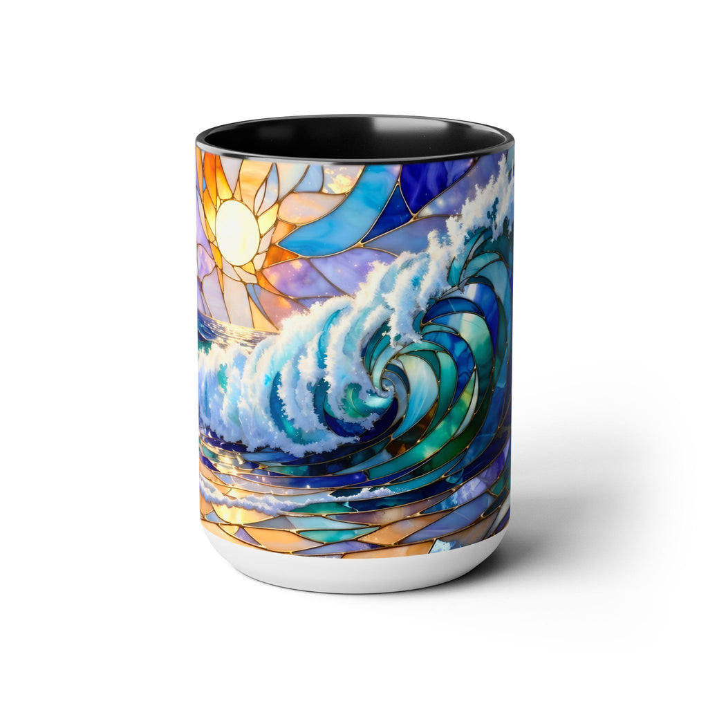 Stained Glass Style Ocean Wave Mug, Colorful Coastal Coffee Cup, Beach Sunrise Ceramic, Ocean Lover Gift Cup 15oz