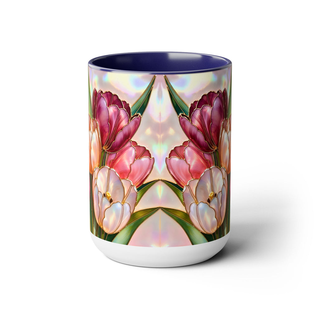Stained Glass Style Tulip Mug, 15 oz, Pink & Peach Floral Coffee Cup, Spring Mug