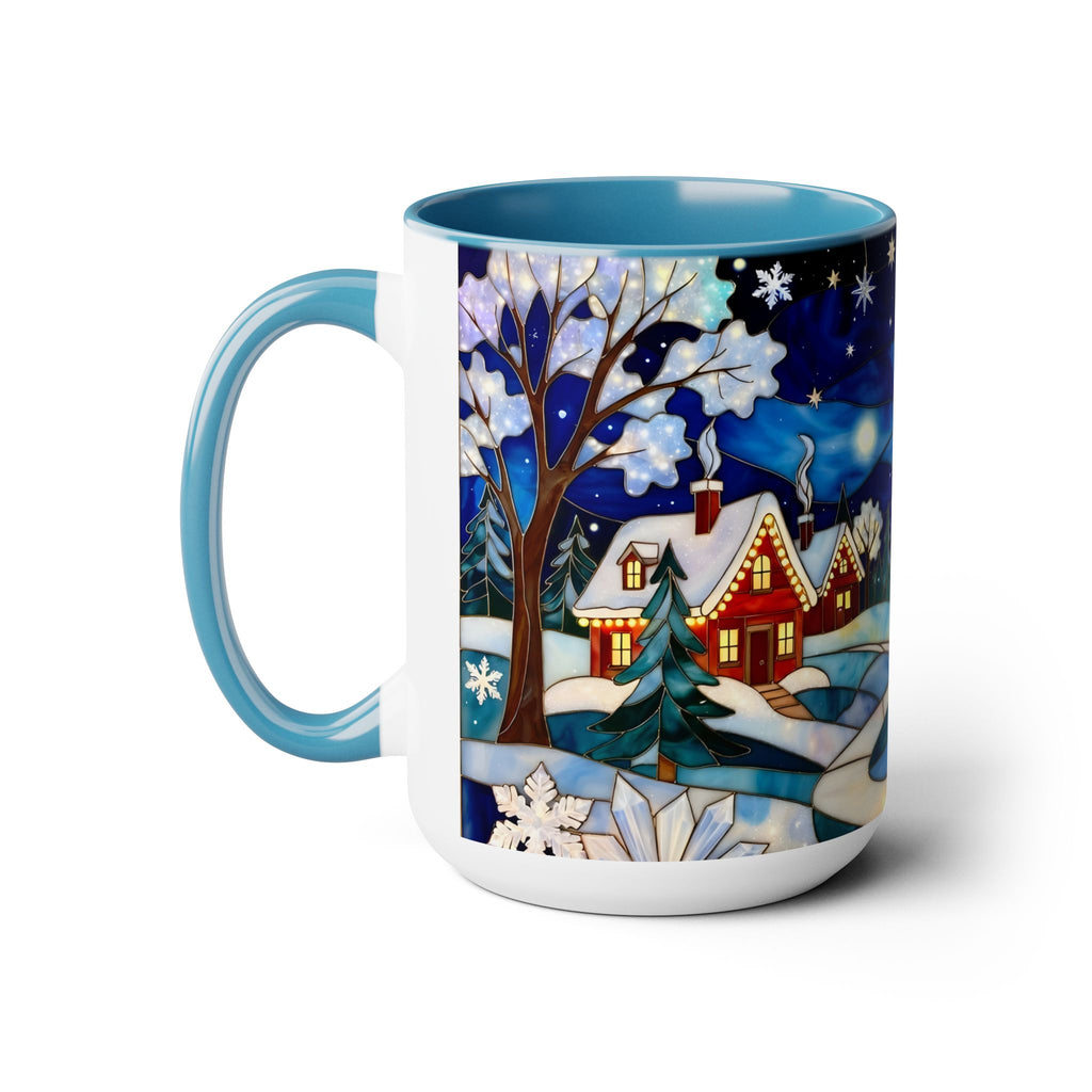 Stained Glass Christmas Village Mug, Winter Cottage Snow Scene Mug, Cozy Holiday Art Cup, Christmas Gift Mug 15oz
