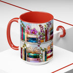 Floral Bookshelf Mug for Book Lovers, Bookish Library Coffee Cup, Black Ceramic 15oz, Stained Glass Style Design