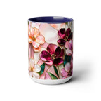 Stained Glass Style Floral Mug, 15 oz, Pink & Burgundy Flowers Floral Art Coffee Cup 15oz