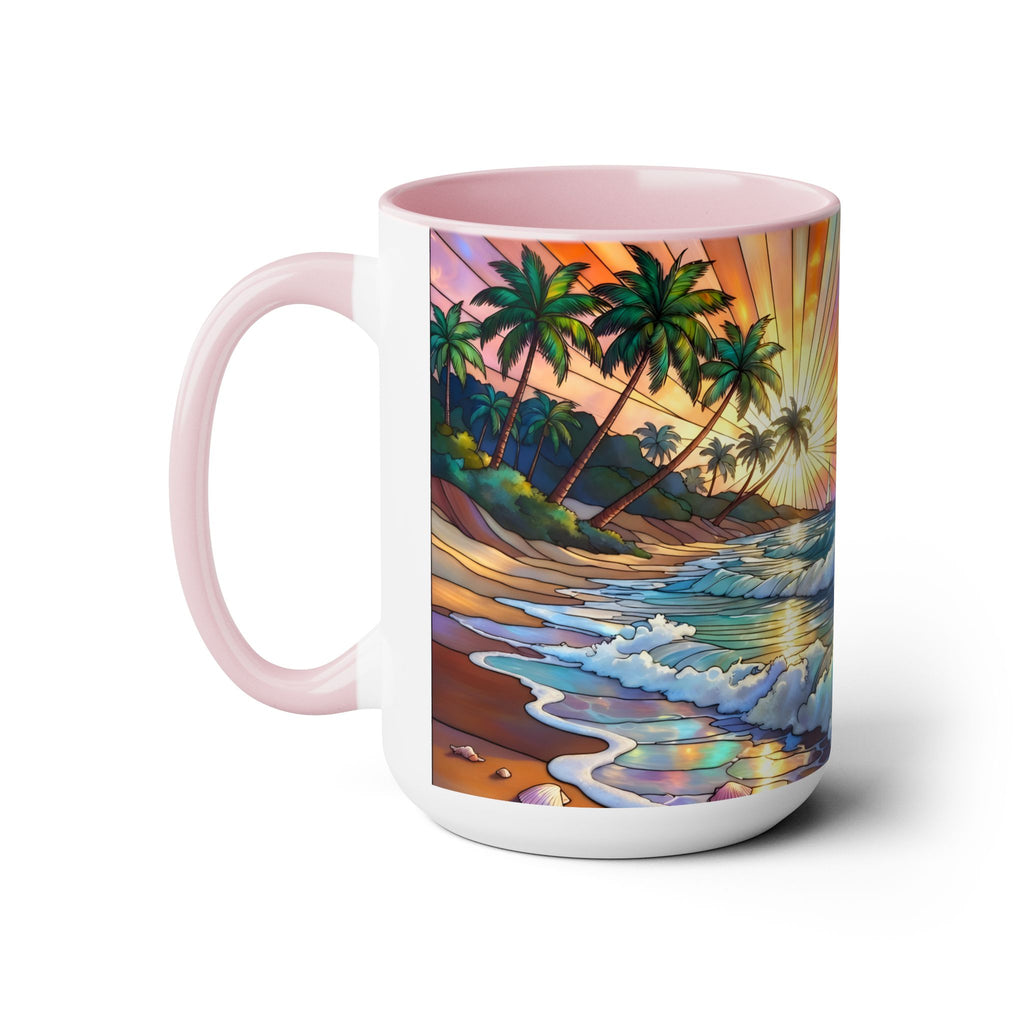 Stained Glass Style Ocean Beach Mug 15oz, Sunrise High Waves Coffee Cup, Palm Tree Coastal Art Cup, Tropical Beach Gift