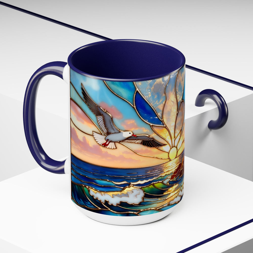 Lighthouse Sunset Mug, Coastal Stained Glass Style Coffee Cup, Nautical Coffee Mug 15oz