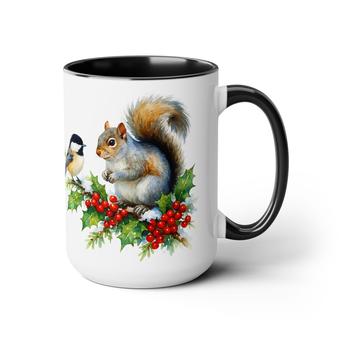 Squirrel and Chickadee Mug, Birds on Snowy Branch Mug, Woodland Retro Christmas Mug, Kitchen Decor Mug, Winter Mug, Squirrel Lover Mug 15oz